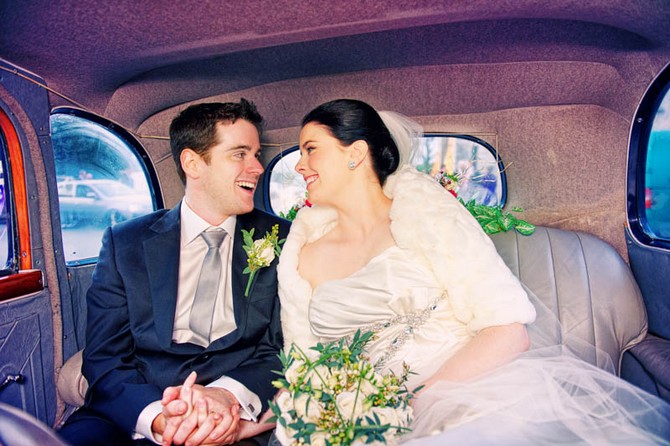 bride and groom in car wedding